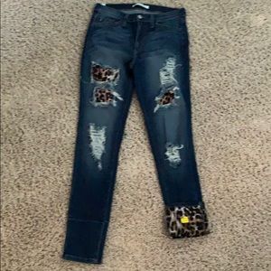 KanCan Dark Blue Skinny Jeans with Leopard Accents